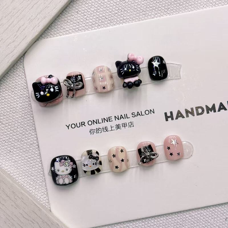 Children's Handmade Wearable Hellokitty Black Hello Kitty Manicure Patch Phototherapy Nail Removable Wholesale