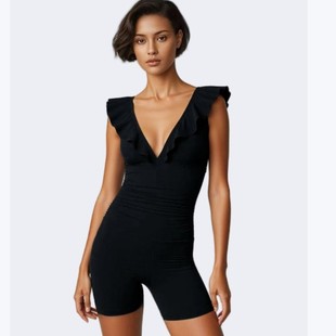 European and American Export Sexy Pure Color Ruffled Deep V Neck Backless Strap Design Jumpsuit Women's Alo Yoga Jumpsuit