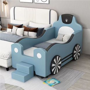 Children's Splicing Bed Car Bed Cartoon Bed Solid Wood with Guardrail Boy Soft Bag Drop-resistant Baby Splicing Big Bed Split Bed