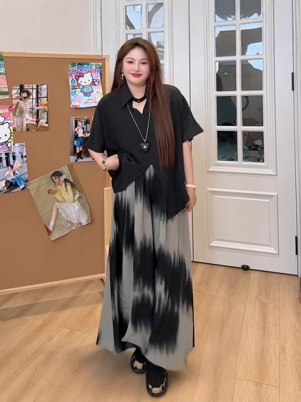 韩系设计感短袖衬衫+晕染裤裙两件套女大码新款休闲宽松时尚套装|undefined