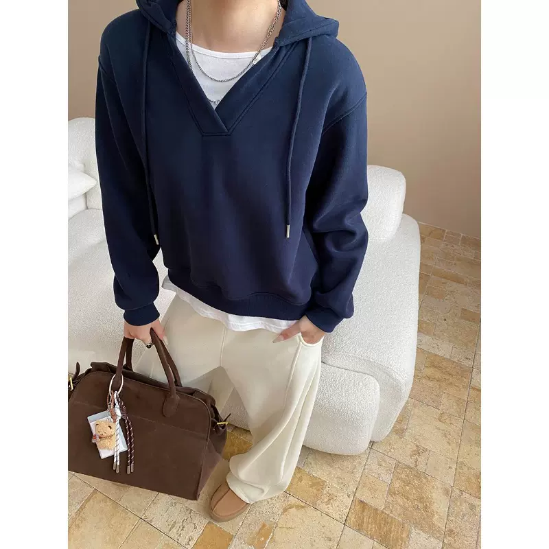 司南 随性氛围 美式复古撞色假两件连帽宽松休闲加绒卫衣 SN8198