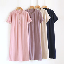 日系纯棉绉布睡裙女士春夏全棉纱布薄款宽松短袖家居服睡衣长裙子