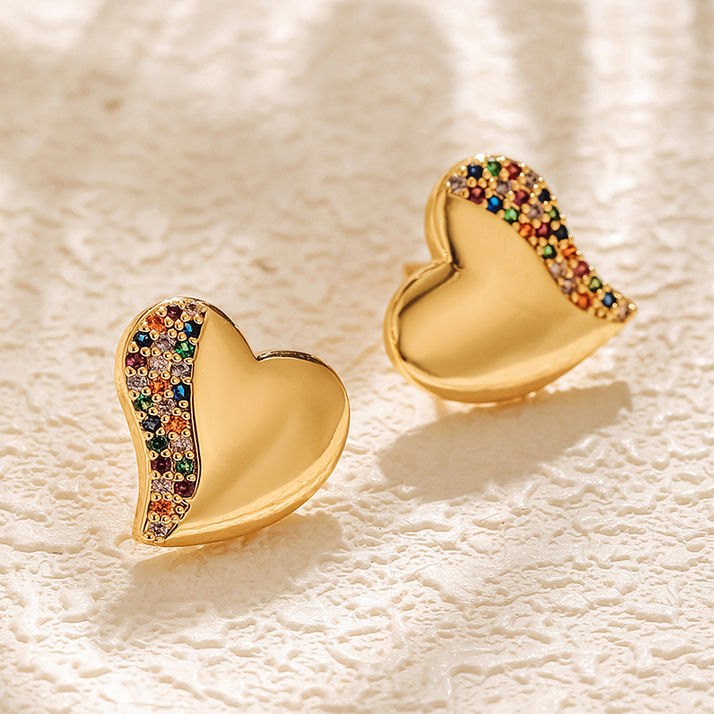 Zircon Inlay Material 1 Pair Sweet Heart Shape Inlay Copper Zircon 18K Gold Plated Ear Studs