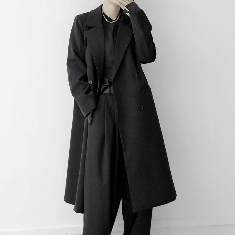 黑色双排扣长款西装外套女中长款2025秋冬新款韩版宽松风衣外套|undefined