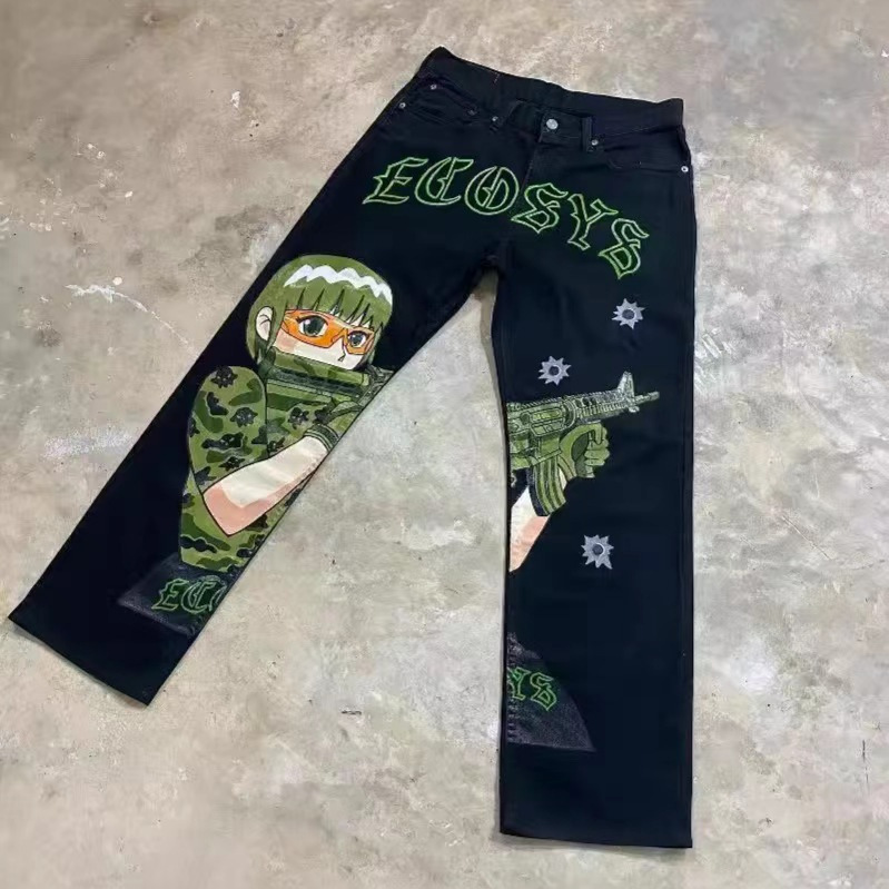Animated Graphics Hip Hop Loose Jeans Gun Girl Print Jeans Harajuku Denim Y2K Pants Male