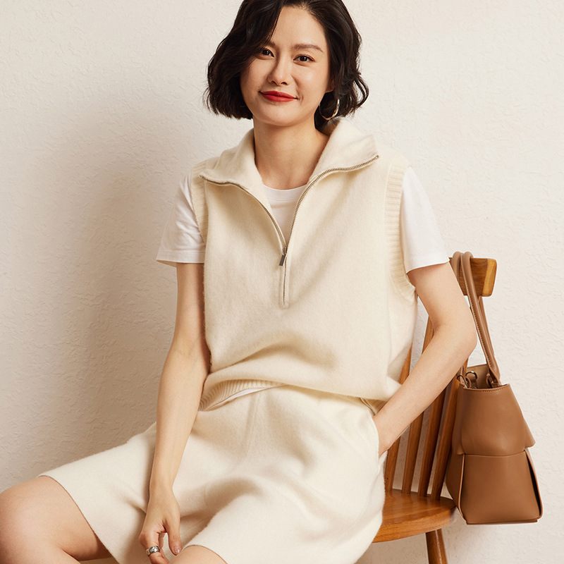 山羊绒女士高领半拉链马甲宽松时尚风简约背心针织衫秋冬新款无袖