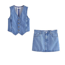 外贸单！春季新款女装欧美风V领单排扣牛仔背心+牛仔半身裙套装