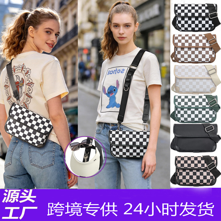 现货新款棋盘格格子小方包百搭单肩斜挎包TK跨境热卖贝壳包胸包
