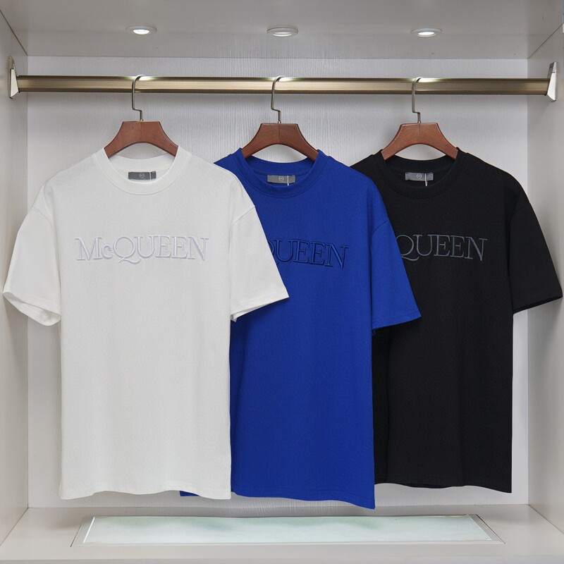Cross-Border Mcqueen Trendy Brand New Mcqueen Letter Logo Printed Graffiti Colorful Men's and Women's Round Neck Short-Sleeved T-Shirt Generation