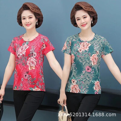 Female short-sleeved T-shirt 2021 new pattern summer Borneol jacket Easy Mom outfit Large printing Middle and old age Women's wear