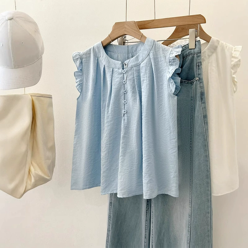 Синяя шифоновая рубашка с короткими рукавами больших размеров, женская летняя рубашка без рукавов с рукавами-бабочками для полных мм