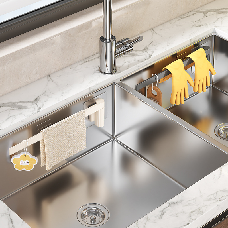 Sink Rag Rack Kitchen Storage Rack Punch-Free Wall-Mounted Towel Hanging Rod Paper Towel Holder Plastic Wrap Rack Storage Rack