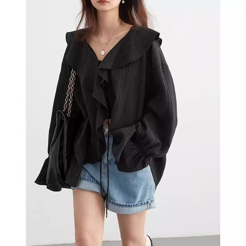 CHICVEN "Imagine Space" Spring Texture Tencel Ruffled Loose Sleeve Lace-up Mid-length Shirt