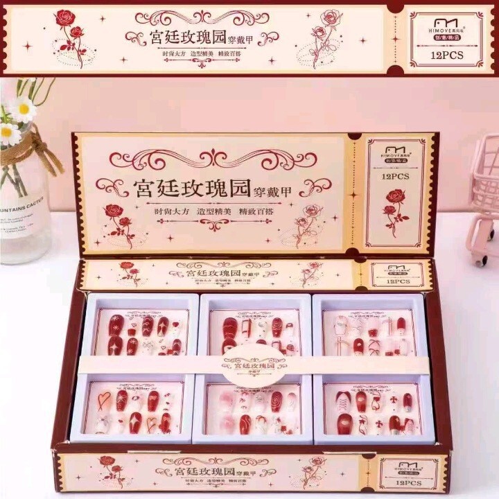 New Style Palace-Style Burgundy Versatile Exquisite Nail Stickers, Detachable Wearable Nails, Creative High-Value Gold-Plated Fine Diamond Nail Pieces