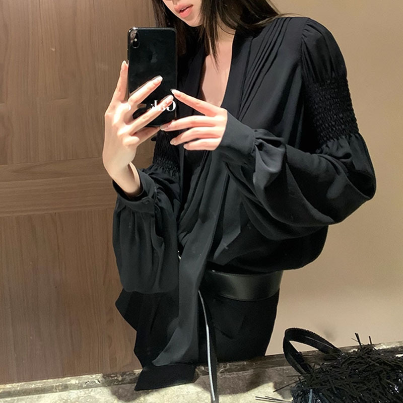 复古黑色雪纺衬衫女夏季新款防晒衫宽松圆领设计感衬衣2025上衣女