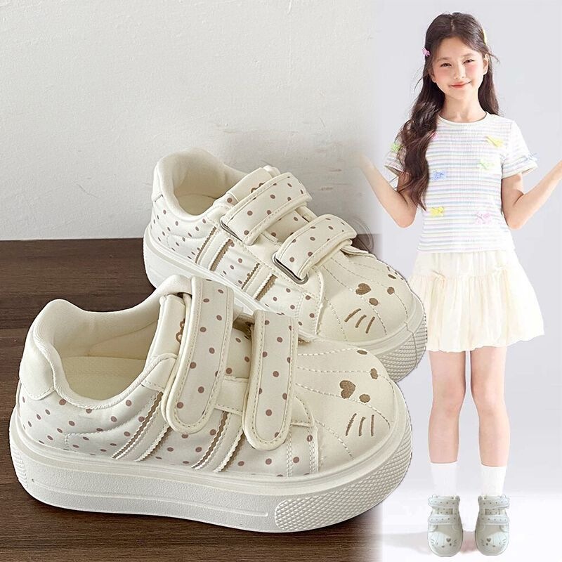 Boys' cream-colored Velcro thick-soled sneakers, 2026 spring and autumn new style, cute and versatile white shoes for children, girls' shoes