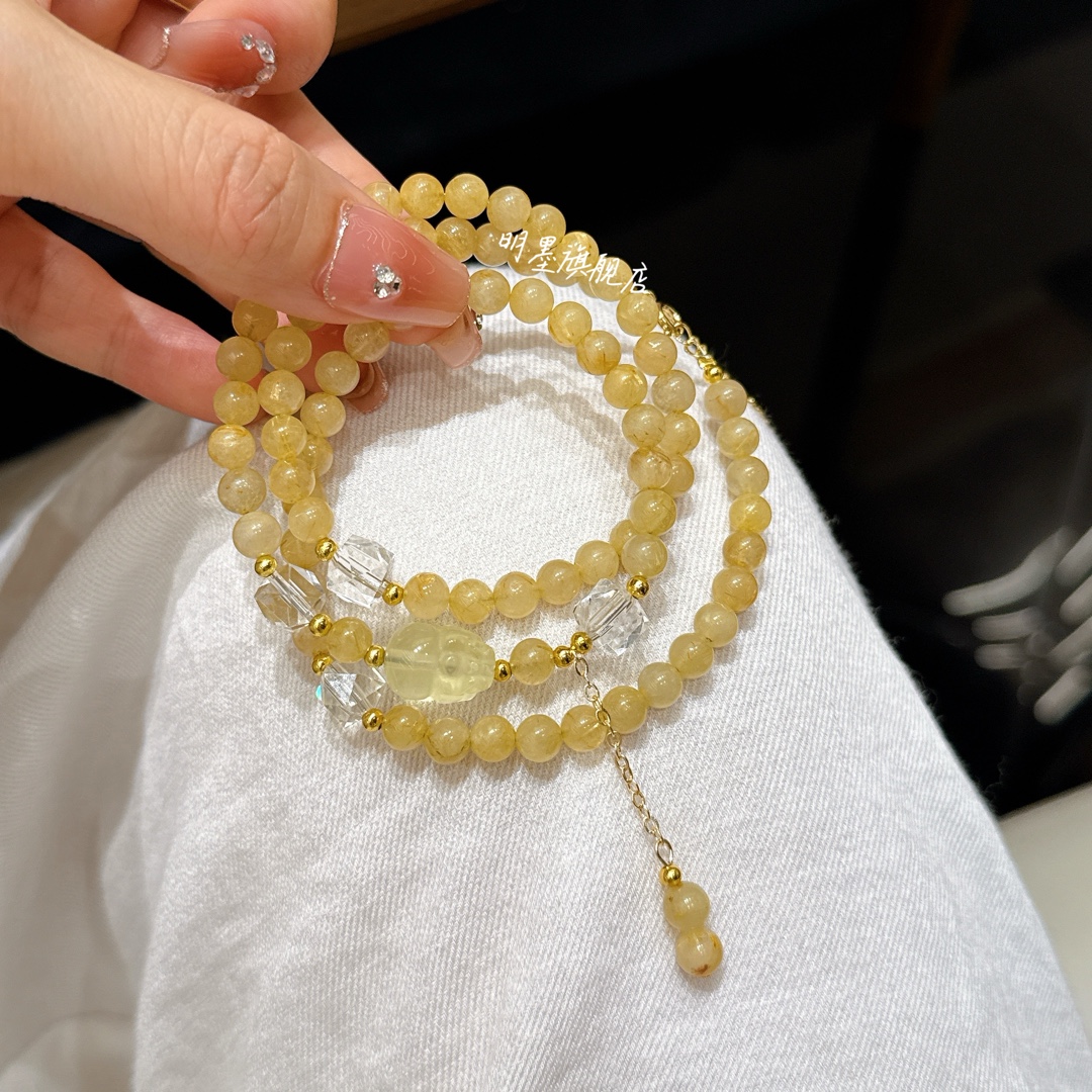 金发晶三圈手链黄水晶貔貅女天然黄色水晶本命年招财转运珠暴富