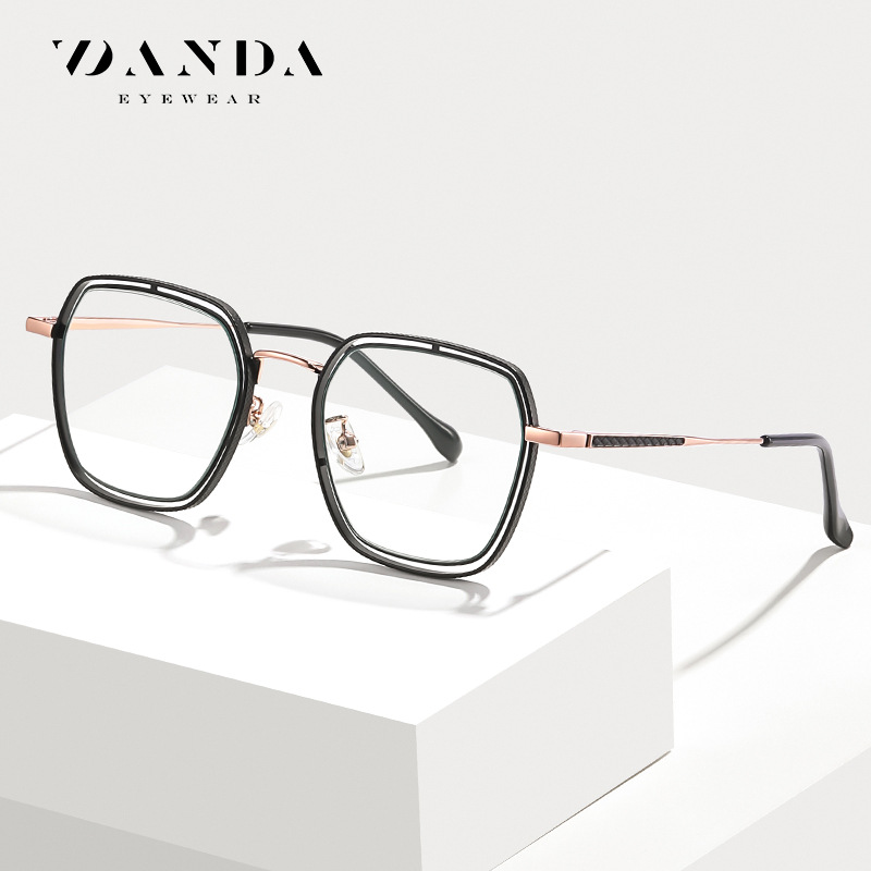 Miopía gafas Marco de moda gran marco gafas lisas JS8601 metal industria pesada tallada hueco liso anti-azul gafas de luz