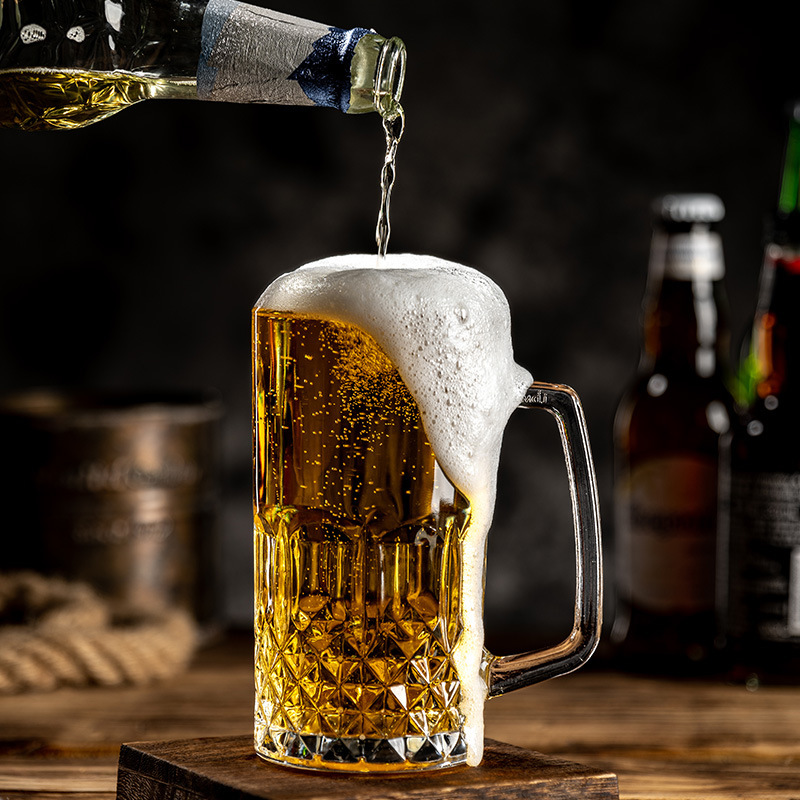 Taza de cerveza comercial Taza de cerveza de vidrio de 500ml con asa Taza de bar de gran capacidad Cojarra de vino casera creativa Logotipo