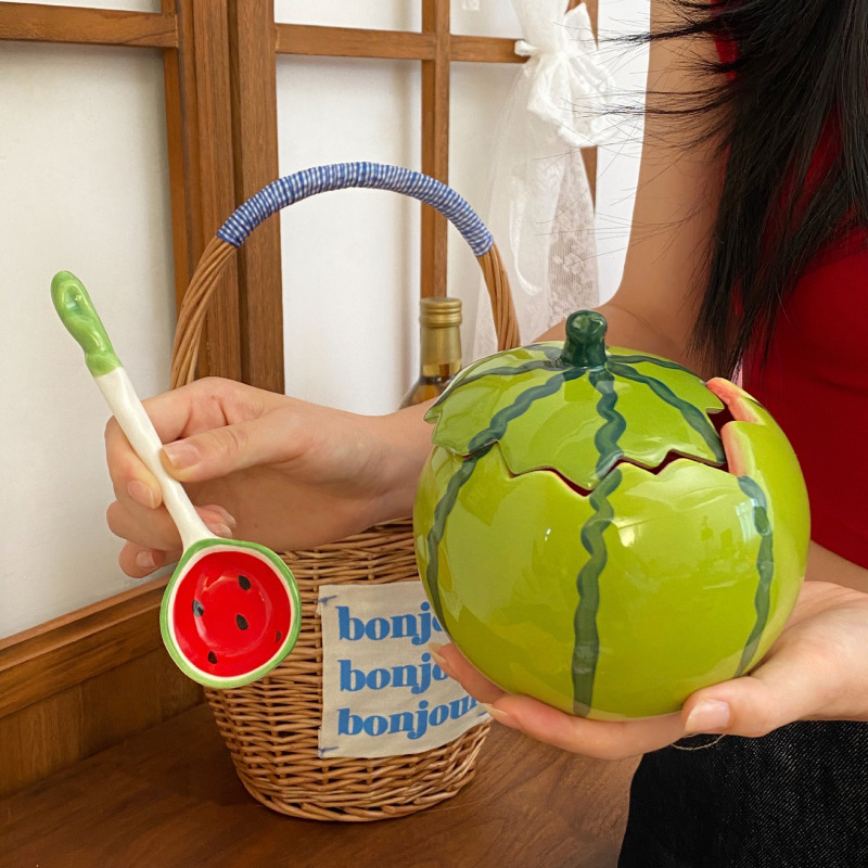 High-Looking Ins Summer Watermelon Bowl Cute Ceramic Funny Household Tableware Set with Lid Yogurt Bowl Salad Bowl