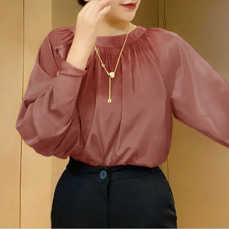 春秋女新款洋气衬衫女长袖上衣单穿圆领褶皱套头简约衬衣气质百搭|undefined