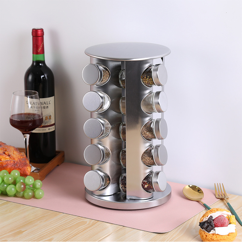 Estante redondo de condimentos de acero inoxidable Estante de suministros de cocina Condimento Encimera doméstica Estante de almacenamiento de sal, azúcar y pimienta