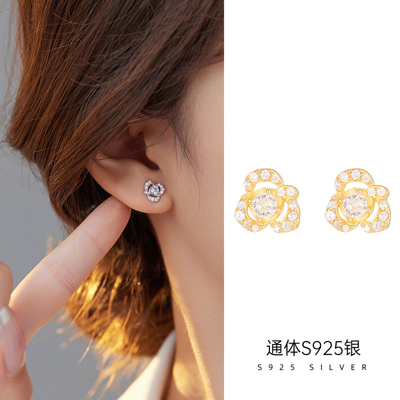 925純銀山茶花小巧耳釘時尚百搭輕奢閃鑽耳環女韓版精緻氣質耳飾