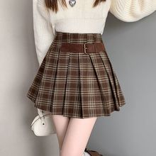 美式学院风复古咖色格子百褶裙秋冬新款甜辣JK格纹高腰a字裙短裙