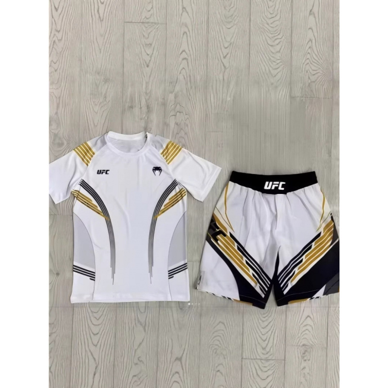 2026 Cross-Border Hot-Selling Men's Mma Blue and Gold Color-Blocking 3D Printed Japanese-Style Combat Short-Sleeve Shorts Set
