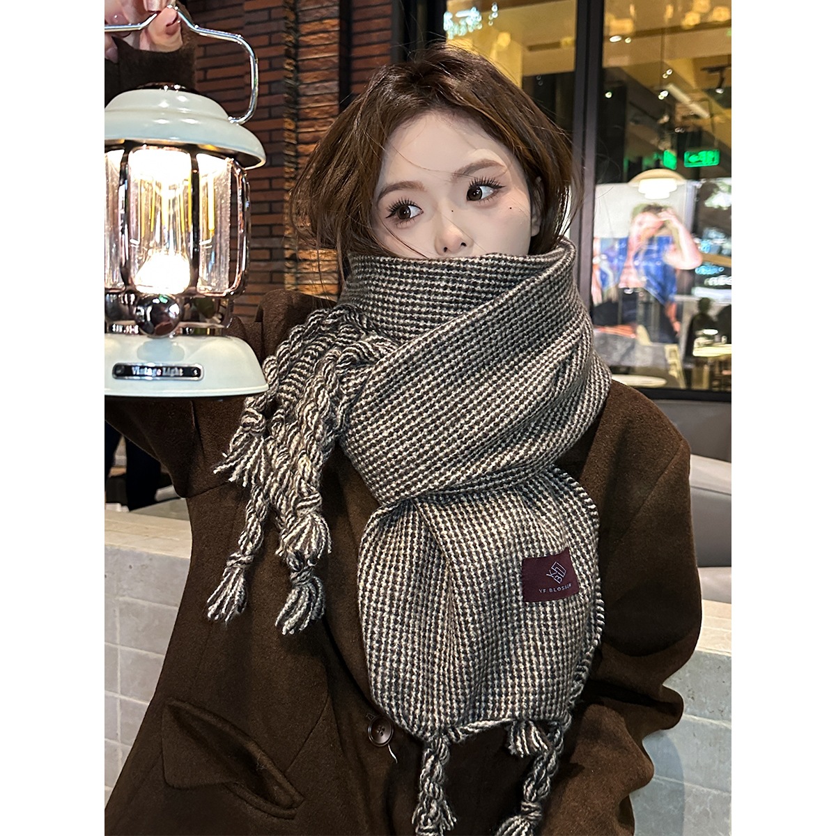 2026 Scarf for Women Winter 2024 New Autumn and Winter Atmosphere Thickeneded and Warm Houndstooth Tassel Year of the Horse