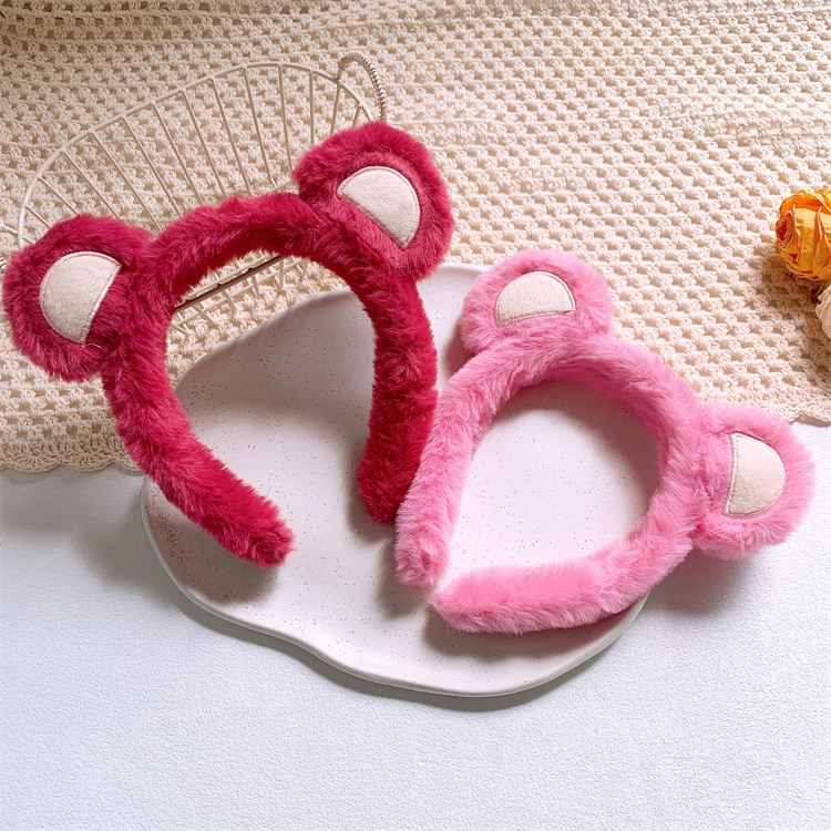 草莓色系可愛兒童小熊發箍毛絨絨洗臉頭箍賣萌少女心髮帶頭扣髮飾