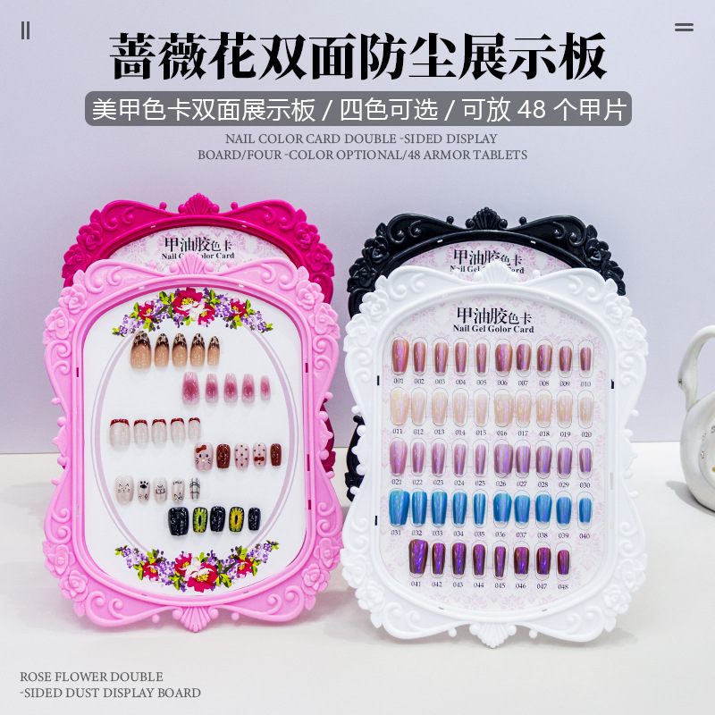 Tablero de exhibición de manicura con tapa Tarjeta de papel de doble cara Soporte de soporte de exhibición a prueba de polvo Pantalla de placa de color de pegamento de aceite de uñas de fototerapia