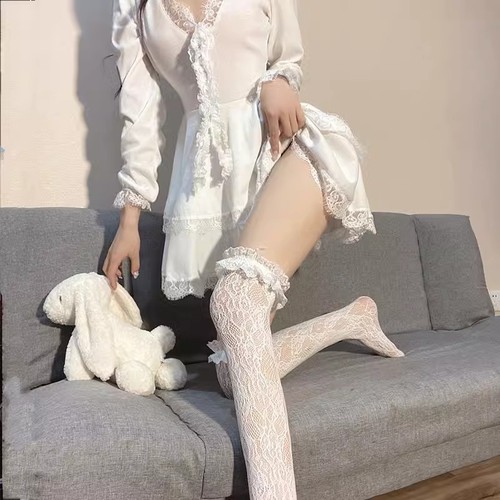 Lace long stockings Lolita over-the-knee socks white lace trim long sheer black silk for Lolita retro JK