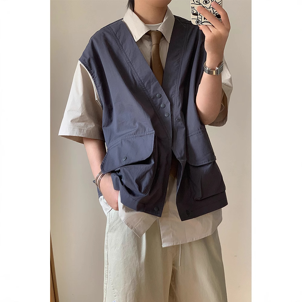 林弯弯日系cityboy复古撞色假两件马甲短袖衬衫男女夏季工装衬衣