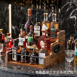木质调料收纳架三层铁木阶梯式酒瓶架红酒洋酒展示架实木调味品架
