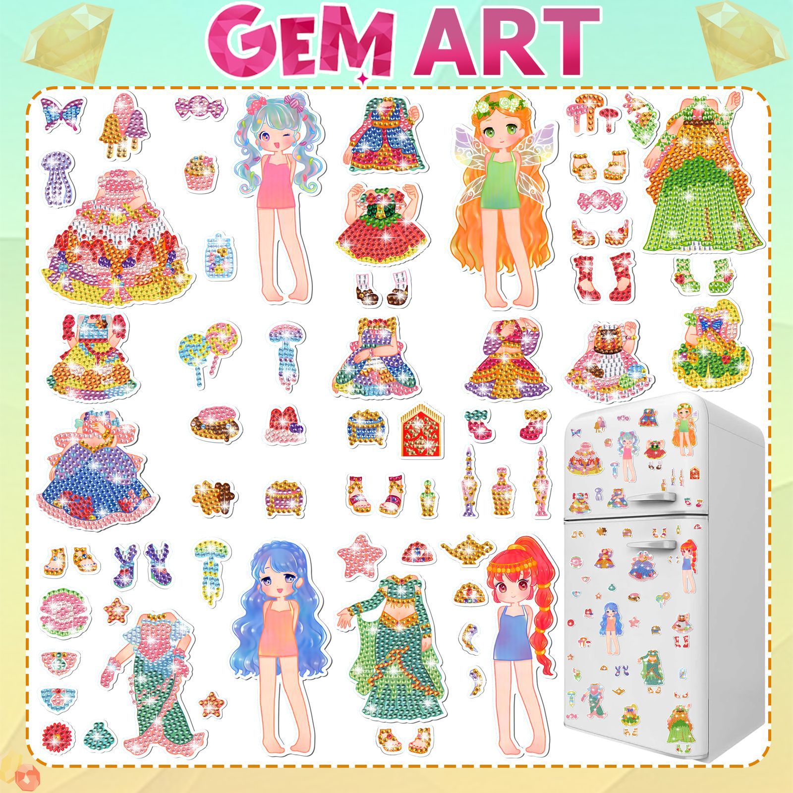 Joyas de princesa adsorción pintura de diamante pegatinas de refrigerador para niños hechos a mano diy creativo mampostería pegatinas juguetes al por mayor