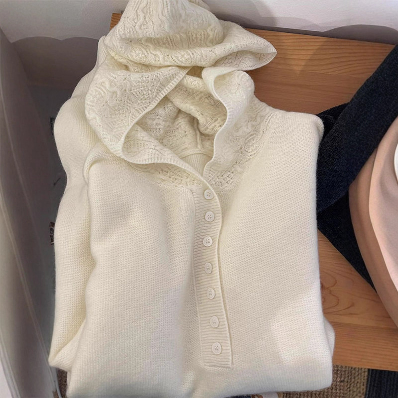 Hollow Crochet White Hooded Wool Knitted Bottoming Shirt for Women in Spring and Autum High-End Sweater with Hoodie Top Hollow Crochet White Hooded Wool Knitted Bottoming Shirt for Women in Spring and Autum High-End Sweater with Hoodie Top