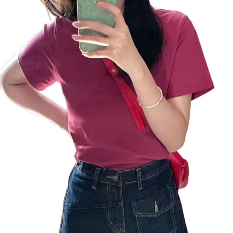 純色の肩がやせている半袖tシャツ女性夏の新型insシンプルな外着の基本的なシャツの上着|undefined