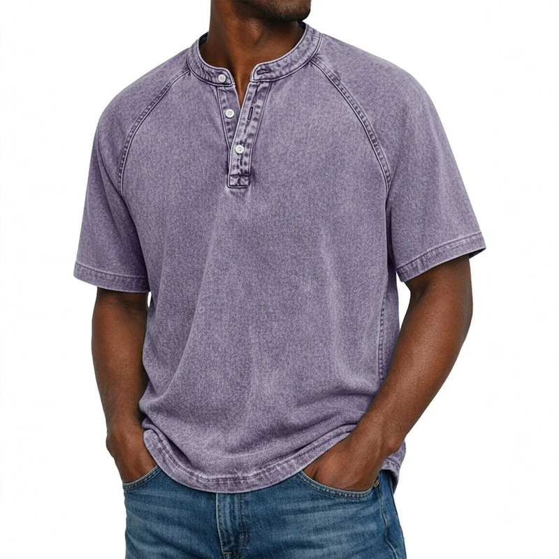 European and American Men's Short-Sleeve T-Shirt, High-End Casual Stand-Collar Henley Shirt, Vintage Washed Shirt for Export