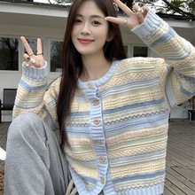 早秋季2025年新款韩版宽松条纹外衣百搭针织毛衣薄款开衫外套女士