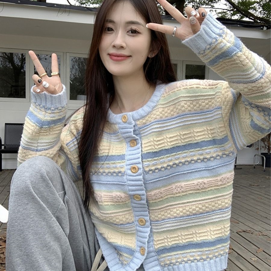 早秋季2025年新款韩版宽松条纹外衣百搭针织毛衣薄款开衫外套女士