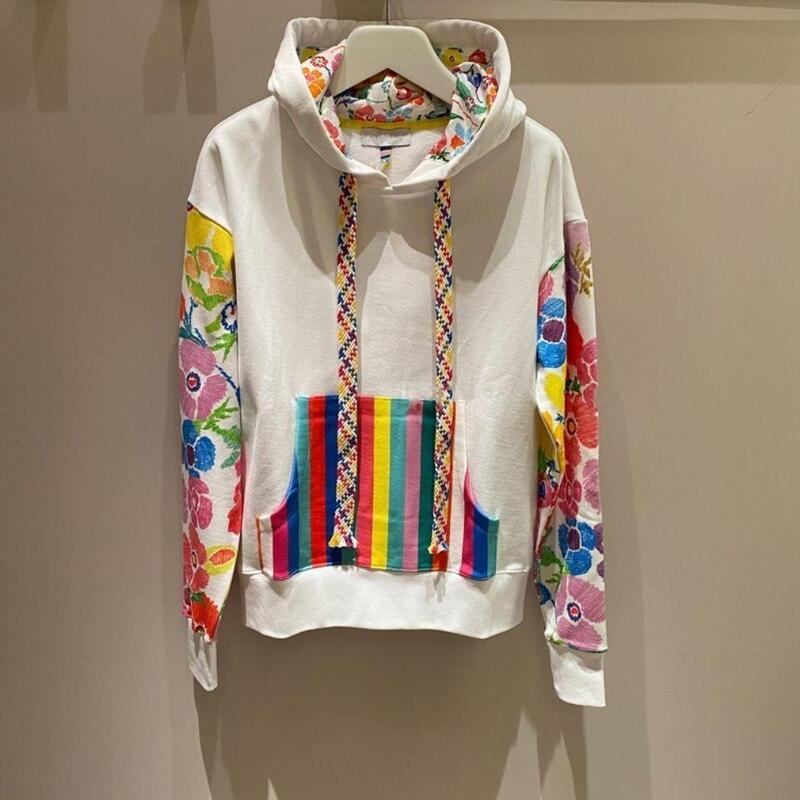 Xiaozhong 2023 Spring and Autumn New Drawstring Hooded Color Coat Flower Printed Long-sleeved Pullover Women's Ins