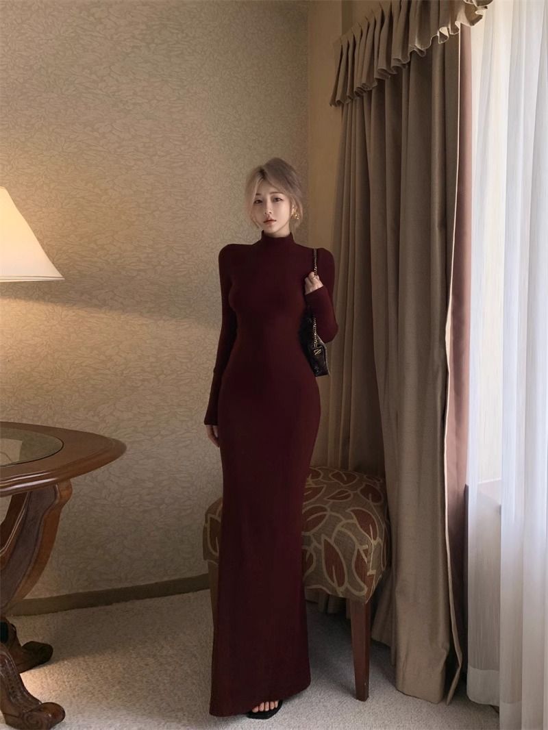 Spice Girl Shows Body Half Turtleneck Bottom Hip Dress Female Sexy Slim Burgundy Thin Fishtail Long Skirt_ecoleips.com