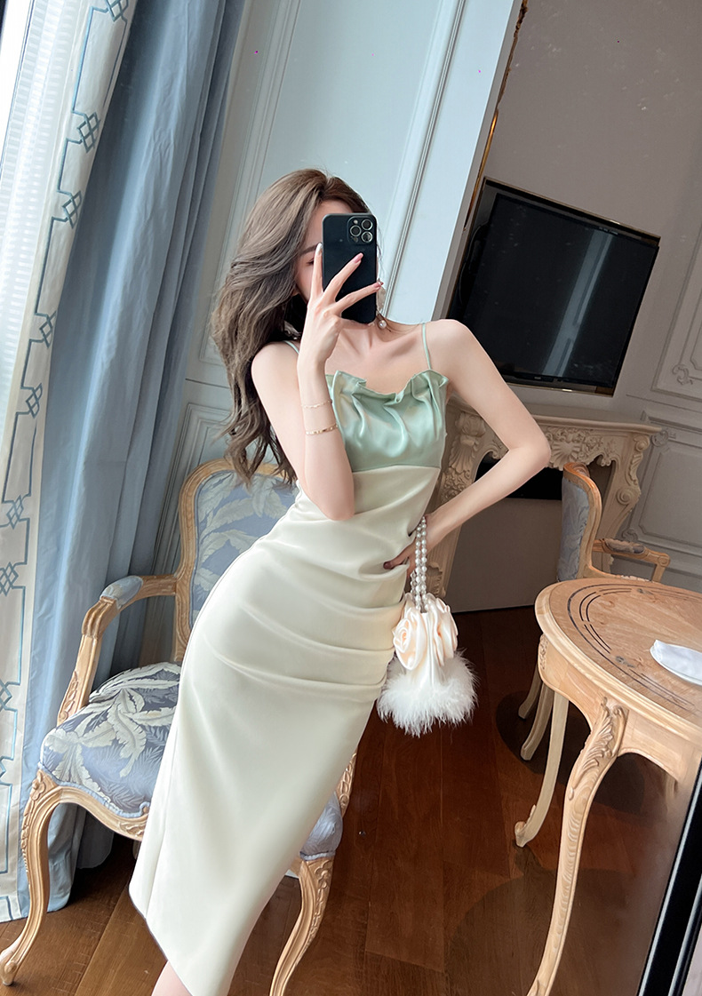 Đầm ôm body nữ dáng dài phối màu xếp ly — Màu xanh lá chi tiết 13