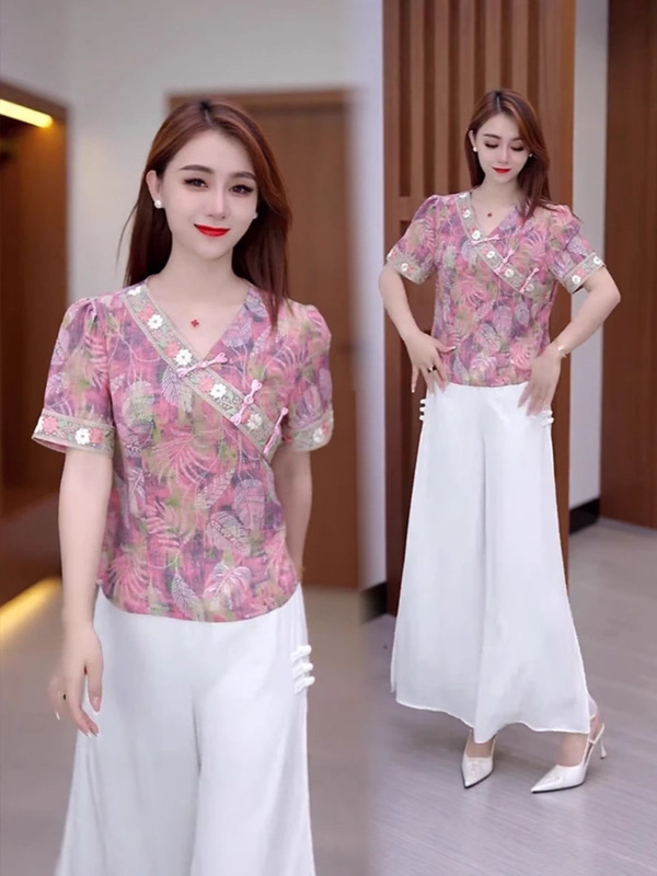 新しい中国風の女性の半袖半開襟ボタン T シャツトップショートレディース V ネックカラーボトムシャツ薄い小さなシャツ女性|undefined