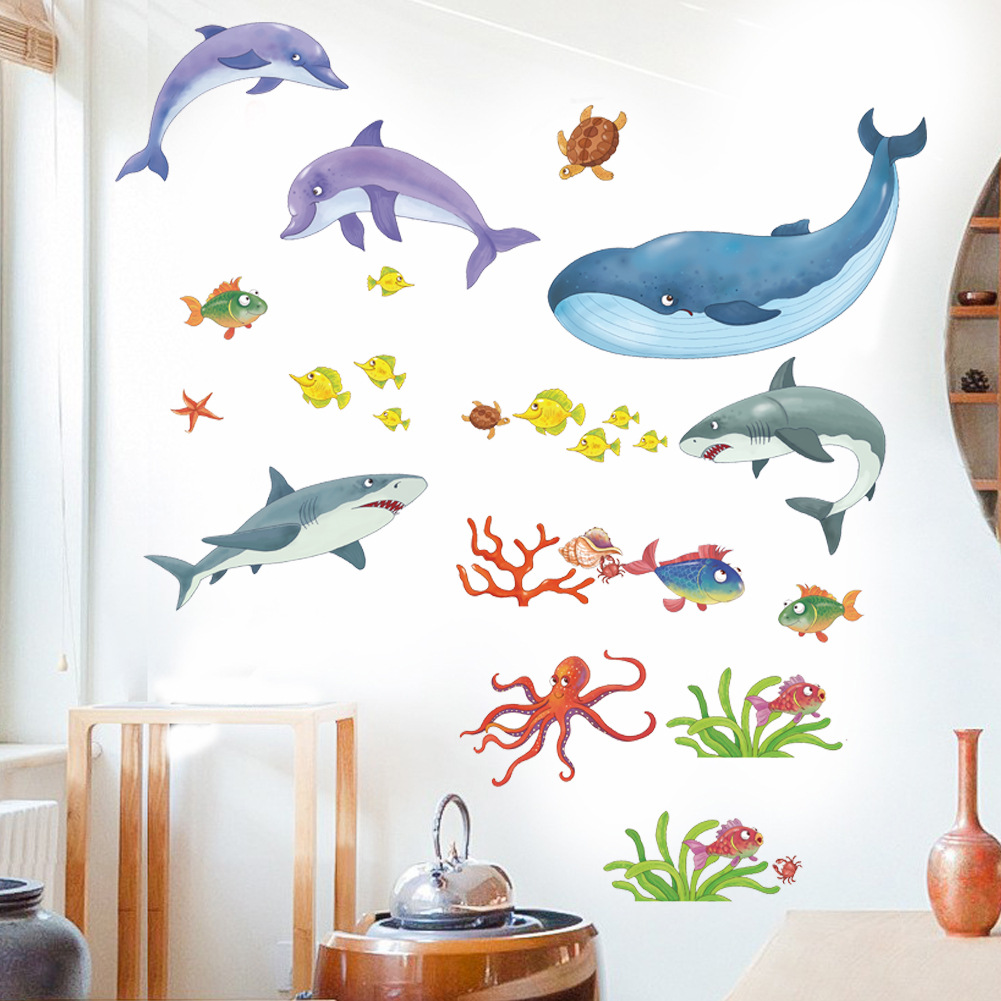 墙贴厂家批发新款卡通欢乐小鱼海底世界三代可移除装饰墙贴