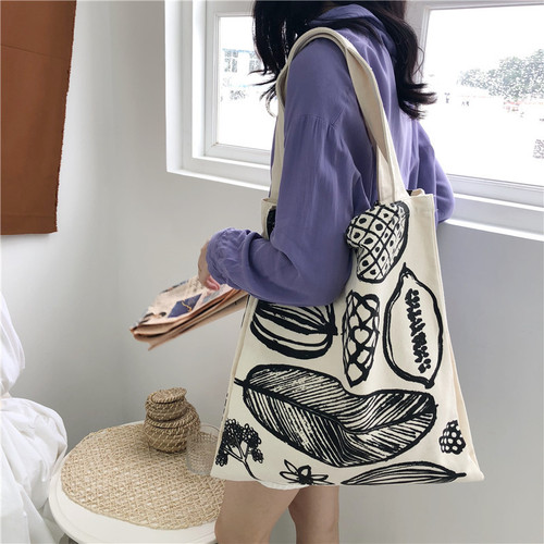 E53 new leaf print thick canvas bag simple shoulder bag large capacity Korean style handbag for women