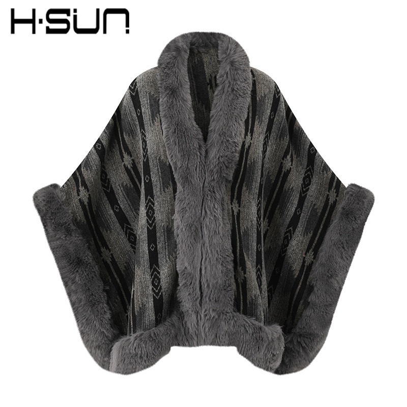 Otoño e Invierno gran suelta imitación cuello de piel de conejo Rex split suéter de las mujeres mantón del Cabo cálido Europeo y Americano capa