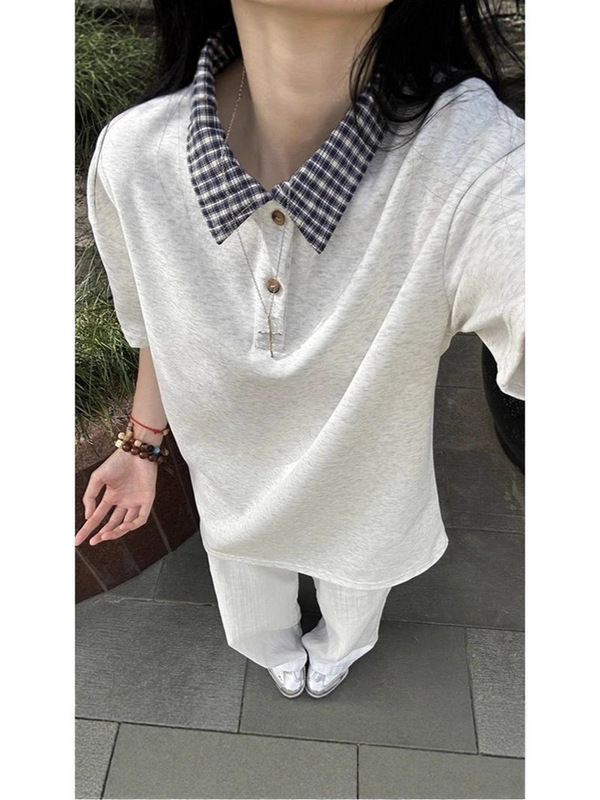 假两件格子拼接短袖t恤男女夏季2025款POLO衫短袖高级感宽松半袖|undefined