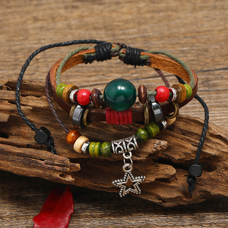 Punk creative design new multi-layer beaded leather bracelet five-pointed star small pendant